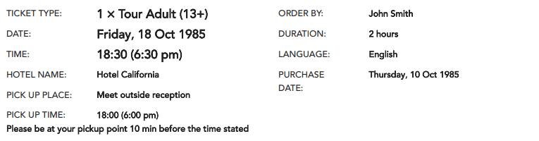 Booking details example